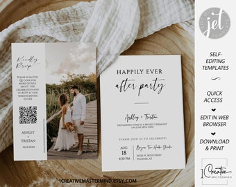 Modern Happily Ever After Party Invitation, Minimalist Photo Elopement Announcement Card, Wedding Reception Invite Template, QR code, MN14W