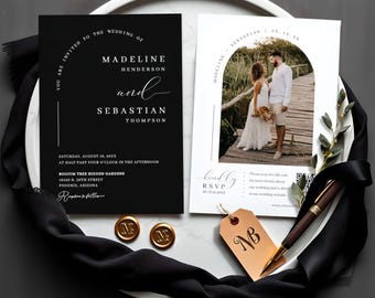 Black Arch Wedding Invitation Template with Photo, QR Code RSVP, Editable Minimalist Invite, Instant Download, MN17B