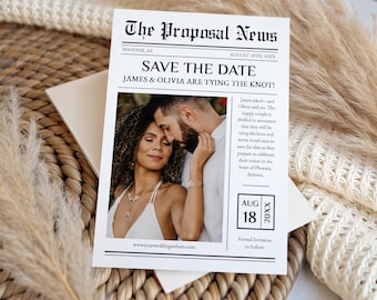 Newspaper Save the Date Template with Photo | Editorial Wedding Announcement Card | ED01