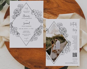 Botanical Line Art Photo Wedding Invitation Template, Editable QR Code RSVP Invite, Floral Frame Modern Minimalist Wedding Invite, BT01W