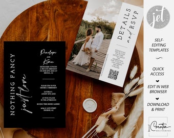 Black Nothing Fancy Just Love Elopement Invitation, Photo Elopement Announcement QR Code, Modern Wedding Reception Invite Template, MN15B