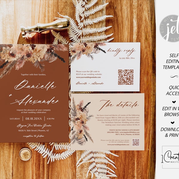 Terracotta Wedding Invitation Template Set, Pampas Grass Invitation Suite, Rust Desert Wedding Invite, Fall Boho Wedding, Rsvp QR Code, FL03