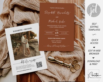 Terracotta Rustic Wedding Invitation, Desert Wedding Invite, Modern Minimalist, Fall Photo Invite, QR Code RSVP, Boho Wedding Template, MN04