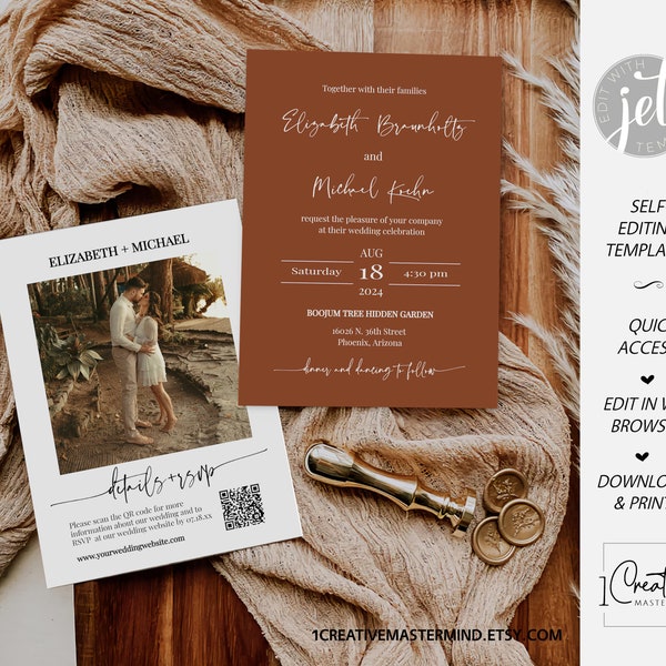 Terracotta Rustic Wedding Invitation, Desert Wedding Invite, Modern Minimalist, Fall Photo Invite, QR Code RSVP, Boho Wedding Template, MN04