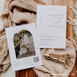 Modern Arch Photo Wedding Invitation Template: Minimalist RSVP (5x7 Portrait)(Digital Download