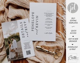 Moderne Typografie Foto Hochzeitseinladung, Minimalistische Hochzeitseinladung, QR Code RSVP, Klassische Hochzeitseinladungsvorlage, Einfache Invite MN15W