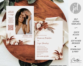 Rust Terracotta Boho Wedding Invitation Template, Pampas Grass Floral, Desert Wedding Invite, Arch Photo Wedding Invite, QR Code RSVP, FL01