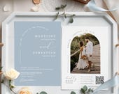 Dusty Blue Wedding Invitation Template: Arch Photo, QR Code RSVP (5x7 Printable Invite, MN17DB)