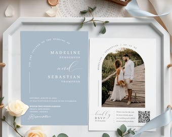 Dusty Blue Wedding Invitation Template: Arch Photo, QR Code RSVP (5x7 Printable Invite, MN17DB)