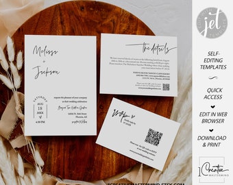 Modern Minimalist Wedding Invitation Templates Set, Classic Wedding Invitation Suite, Simple Invite, QR Code RSVP, Instant Download, MN02W