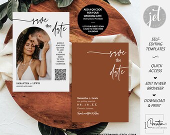 Dusty Terracotta Save the Date Templates, Photo Save the Date Invite, Minimalist Save the Date, Boho Wedding Save The Date, QR Code, MN03T