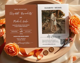 Terracotta Photo Wedding Invitation Template with QR Code RSVP | Editable Rustic Boho Desert Invite | MN04T