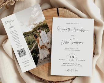 Photo Wedding Invitation Template Editable QR Code RSVP,| Minimalist Calligraphy DIY Invite, MN03W