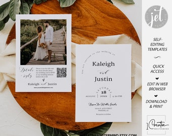 Modern Minimalist Wedding Invitation, Classic Wedding Invite, Simple Photo Invite, Boho Wedding Invitation Editable Template, QR Code, MN11W