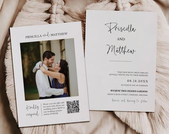 Photo Wedding Invitation with QR Code RSVP,  Modern Minimalist Editable Template MN09W