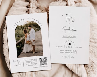 White Arch Photo Wedding Invitation Template | Editable 5x7 QR Code RSVP | Modern Minimalist Printable Invite | MN08W