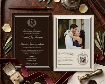Old Money Wedding Invitation Template Espresso Brown | Monogram Crest Formal Invite | RG01EB