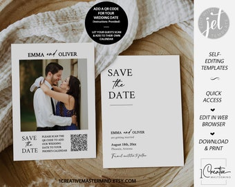 Minimalist Save the Date Template, Modern Save the Date Invitation, Simple Photo Save the Date, Editable Save the Date QR Code Card, MN12W