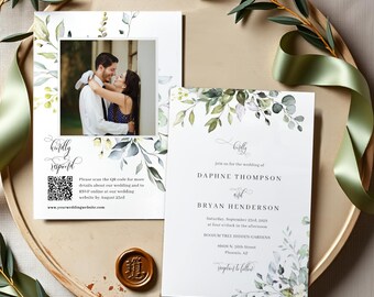 Eucalyptus Greenery Wedding Invitation Template with Photo, Botanical Wedding Invite, QR Code RSVP, Editable Invite, GN02
