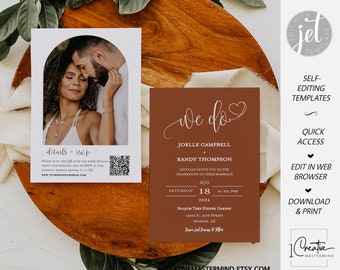 Rustic Terracotta Boho Wedding Invitation, Fall Wedding Invite, Minimalist Arch Photo Invite, QR Code RSVP, Desert Wedding Template, MN13T