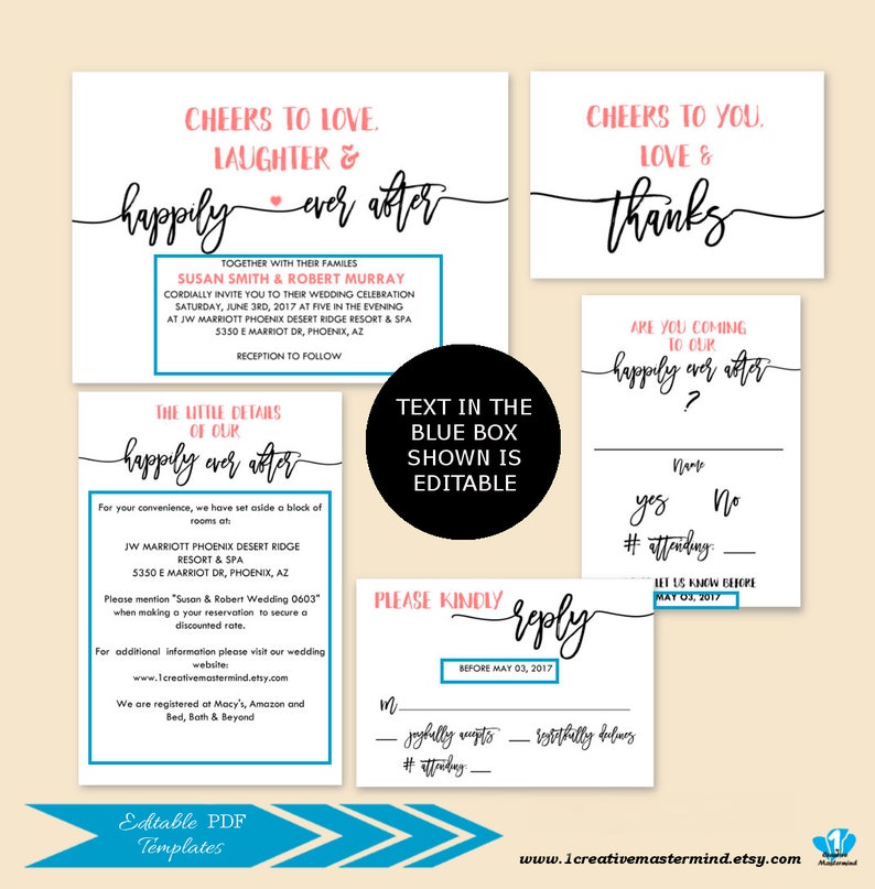 DIY Rustic Wedding Invitation Set Editable PDF Invitation Suite Printable Template typography invite script Wedding Invitation Template