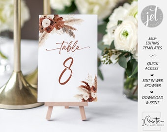 Rust Boho Table Number Template, Pampas Grass Table Numbers, Fall Table Numbers Printable, Editable Desert Wedding Table Number Card, FL01