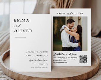 Photo Wedding Invitation Template, Editable QR Code RSVP Invite, Modern Minimalist Wedding Invite, Printable 5x7, Instant Download, MN12W