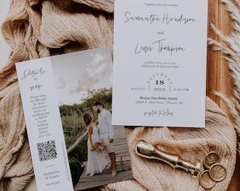 Photo Wedding Invitation Template with QR Code RSVP, Editable Calligraphy Design, Elegant DIY Invite, MN03W