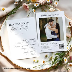 May include: Two white rectangular wedding invitation cards with black text and a photograph of a couple. The left card reads Happily Ever After Party, Emma + Oliver, and event details. The right card features a photo, Details + RSVP, and a QR code.