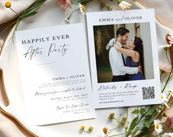 Happily Ever After Party Invitation Template, Photo Elopement Announcement, Wedding Reception Invite with QR Code RSVP, MN12W