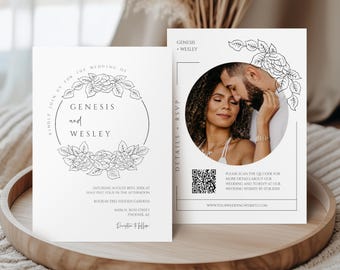 Botanical Wedding Invitation with Photo RSVP Card, Rose Line Art Design for Garden and Boho Weddings, QR Code RSVP Template, BT02