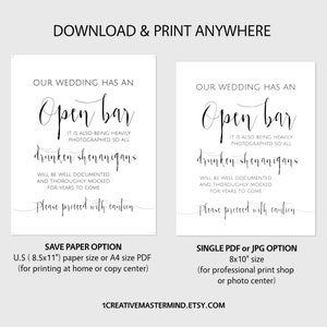 Open Bar Wedding Sign, Printable Wedding Sign, Shenanigans Sign, Funny Wedding Sign, Instant Download, Alcohol sign, Bar Sign, Digital MN01 image 5