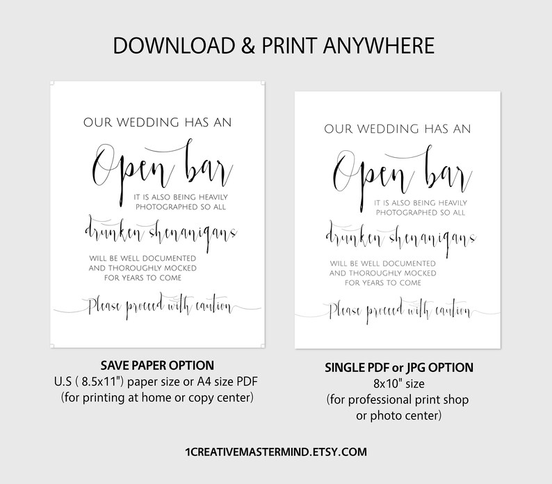 Open Bar Wedding Sign, Printable Wedding Sign, Shenanigans Sign, Funny Wedding Sign, Instant Download, Alcohol sign, Bar Sign, Digital MN01 image 5