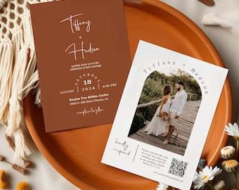 Terracotta Wedding Invitation Template, Editable Arch Photo Invite, Boho Fall Wedding, QR Code RSVP, Instant Download, MN08T