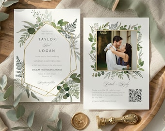 Eucalyptus Greenery Wedding Invitation Template with Photo, Gold Geometric Frame, QR Code RSVP, Editable Printable Instant Download, GN01