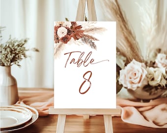 Pampas Grass Table Number Card Template | Boho Terracotta Burnt Orange Floral Wedding | Editable Printable | FL01