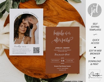 Terracotta Minimalist Elopement Invitation QR Code, Arch Photo Happily Ever After Party Invite Template,Boho Wedding Reception Invite, MN13T