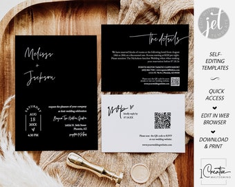 Black and White Wedding Invitation Suite, Black Modern Wedding Invitation Set, Elegant Black Minimalist Wedding Template, QR Code RSVP MN02B