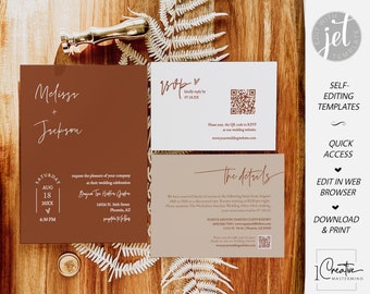 Boho Wedding Invitation Suite, Wedding Invitation With QR Code RSVP, Minimalist Wedding Templates, Terracotta Wedding Invitation Set, MN02T