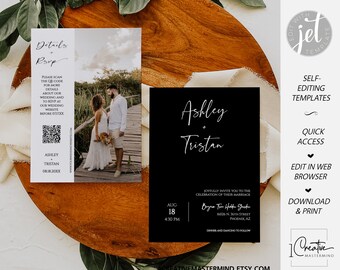 Classic Black Wedding Invitation Template, Elegant Black Wedding Invite, Minimalist Photo Invite, QR Code RSVP, Modern Wedding Invite, MN14B