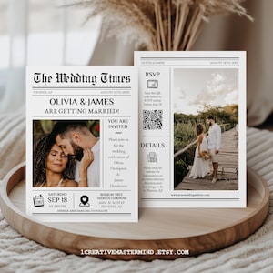 May include: A wedding invitation designed to look like a newspaper front page. The headline reads "The Wedding Times" with the names Olivia & James. Includes a photo of the couple and details for the wedding.