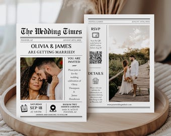 Newspaper Wedding Invitation with Photo & QR Code RSVP | Modern Editorial Wedding Invite (Digital Template), ED01