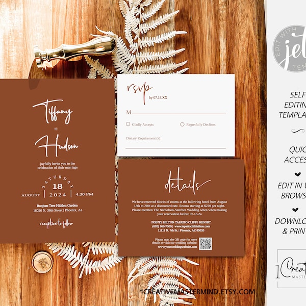 Rust Terracotta Boho Wedding Invitation Suite Templates, Editable Minimalist Invitation Set, Arch Photo Wedding Invite, QR Code RSVP, MN08T