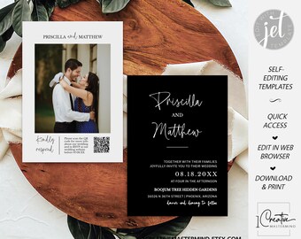 Black Elegant Wedding Invitation, Modern Wedding Invite, Photo Invitation, QR Code RSVP, Classic Wedding Invite, Minimalist B&W Invite MN09B