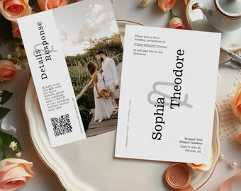 Wedding Invitation Template, Photo QR Code RSVP, Minimalist Modern Typography, Editable Instant Download, MN23W