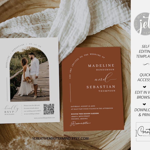 Boho Arch Wedding Invitation Template, Rust Terracotta Wedding Invite, QR Code RSVP, Minimalist Wedding Invite, Modern Typography Card MN17T