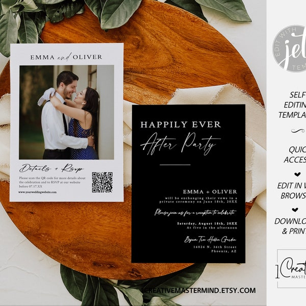 Black Modern Elopement Announcement QR Code, Minimalist Happily Ever After Party Invitation, Black Classic Wedding Reception Invite, MN12B