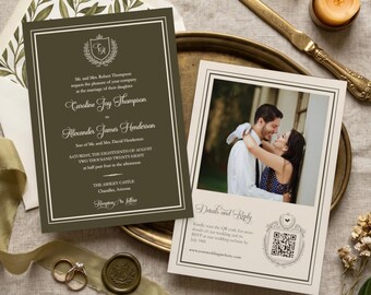 Old Money Wedding Invitation Template Olive Brown | Crest Monogram Formal Invite | RG01OB