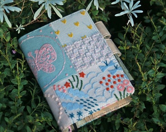 Fog Blue Garden Embroidery Notebook Journal Cover Handmade Patchwork A5 A6 B6 Butterfly Rabbit Tree Flower Fabric-Leather Planner Diary Gift