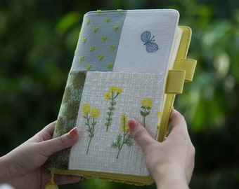 Embroidered Yellow Flower Stitch Fabric Journal Handmade Personalized Notebook with Leather Interior A5 A6 Blank Grid Lined White Pages 176P